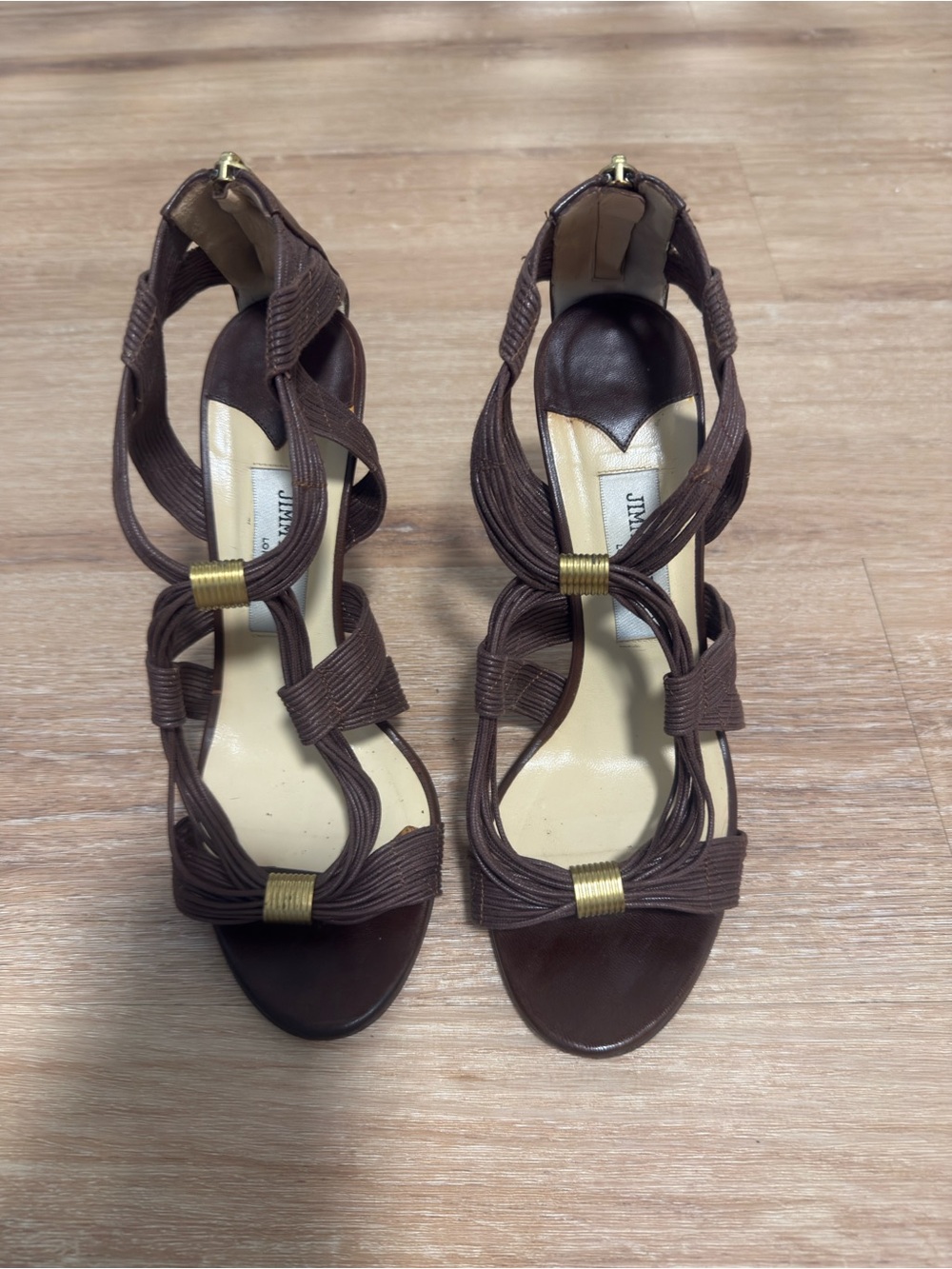 Jimmy Choo Brown Strappy Knot Detail Heels with Gold Accents